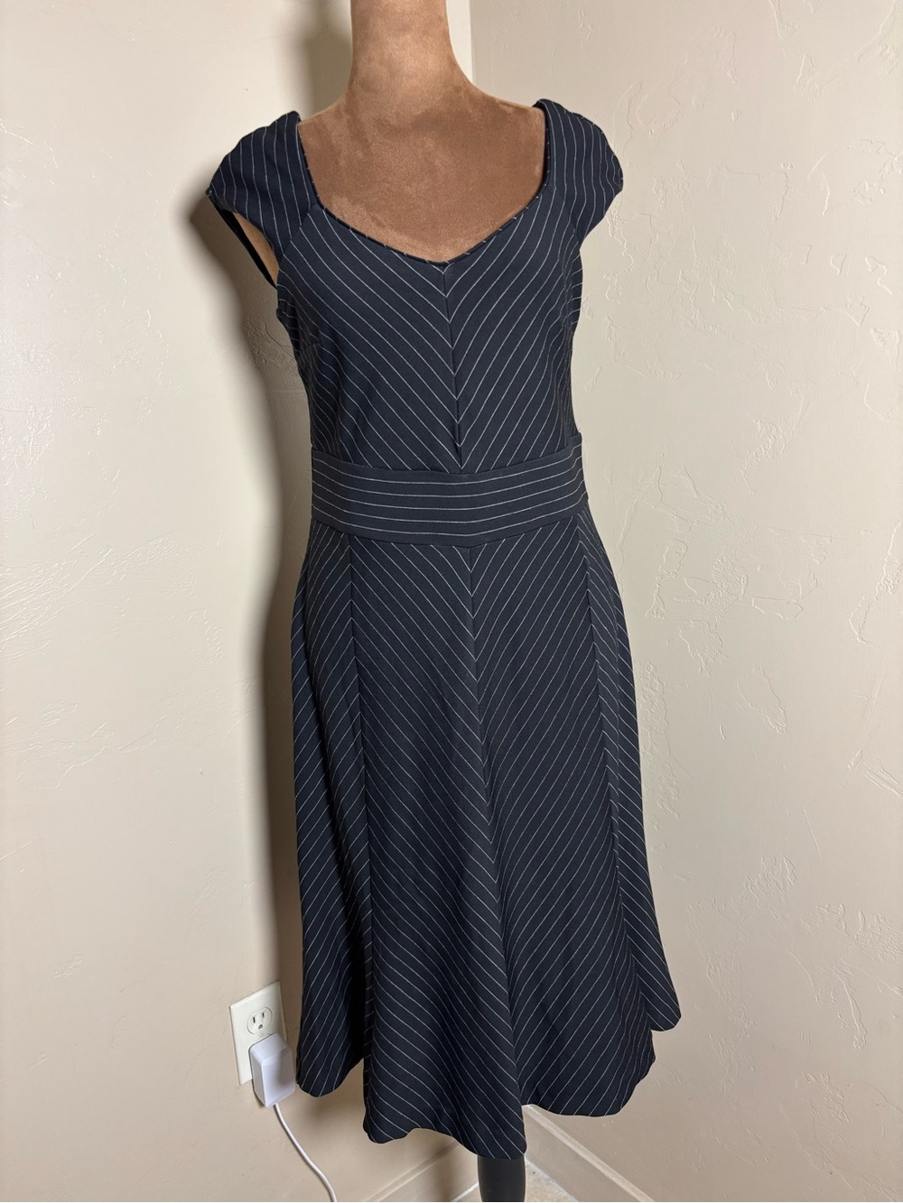 White House Black Market black Pinstripe V‑Neck Midi Dress